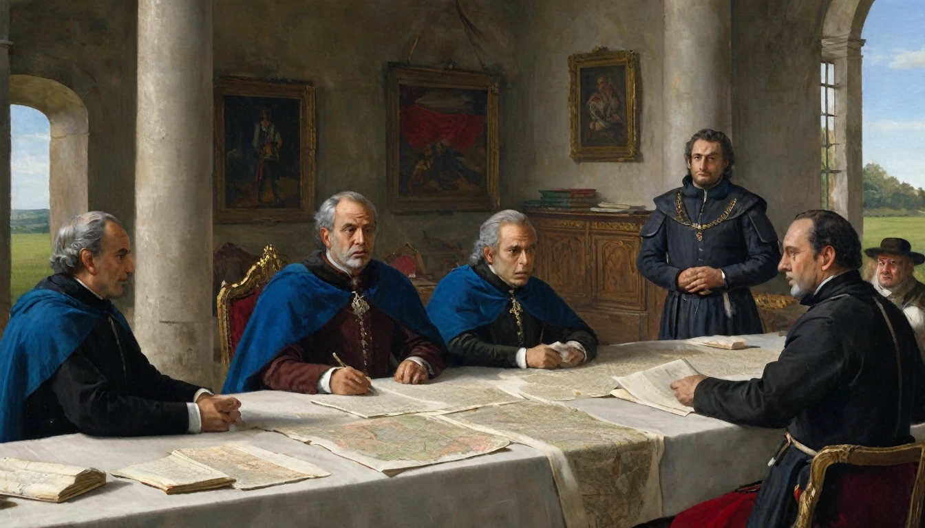 14th century, Treaty of Brétigny. The scene shows a negotiating table in an open field, where English and French representatives are meeting to discuss the terms of the Treaty of Brétigny. The English, dressed in noble clothes and visible coats of arms, are sitting on one side of the table with serious and determined expressions. In front of them, the French, also dressed in noble suits and with French banners in the background, listen attentively to the proposals. In the center of the table, there are scrolls and documents spread out, showing maps and terms written in detail. The setting is calm but tense, with blue skies and scattered clouds over the open countryside. The atmosphere is one of diplomacy and negotiation, capturing the historic moment of the treaty that sought to end hostilities between England and France in the 14th century., Hyperrealism, UHD, retina, masterpiece, accurate, anatomically correct, textured skin, super detail, award winning, 8k
