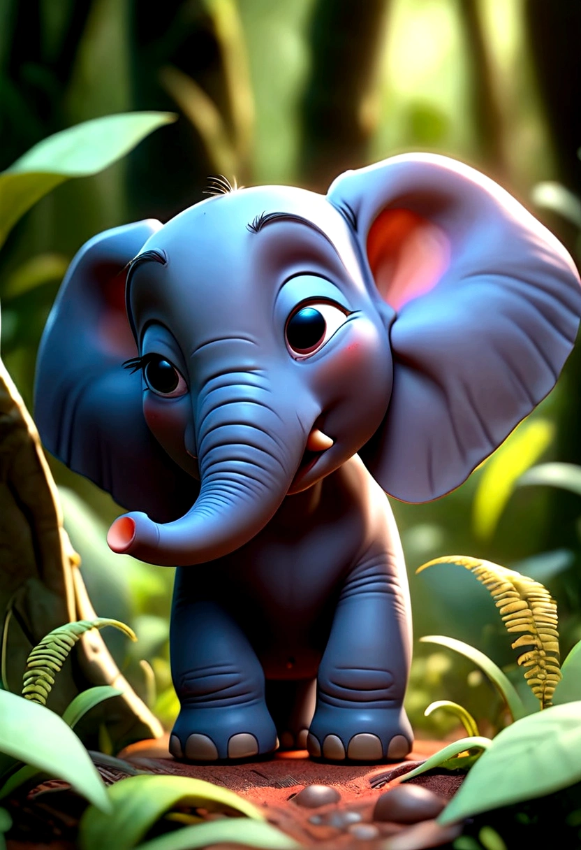Generate a high-resolution (8K) 3D image in the style of Disney/Pixar of a majestic elephant and a tiny ant in a distant forest, peaceful and detailed."