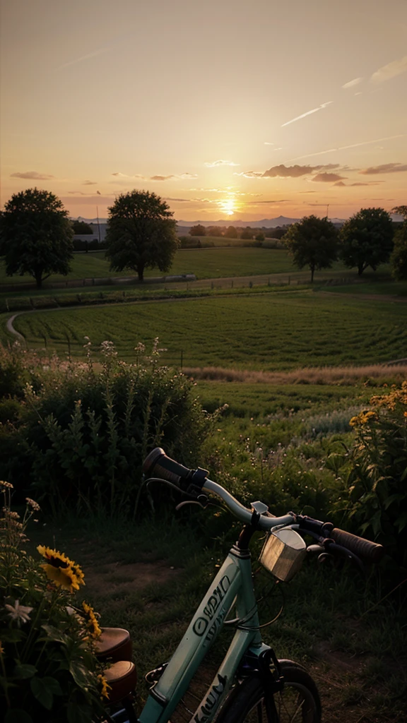 Field at sunset, vintage romance and a bicycle