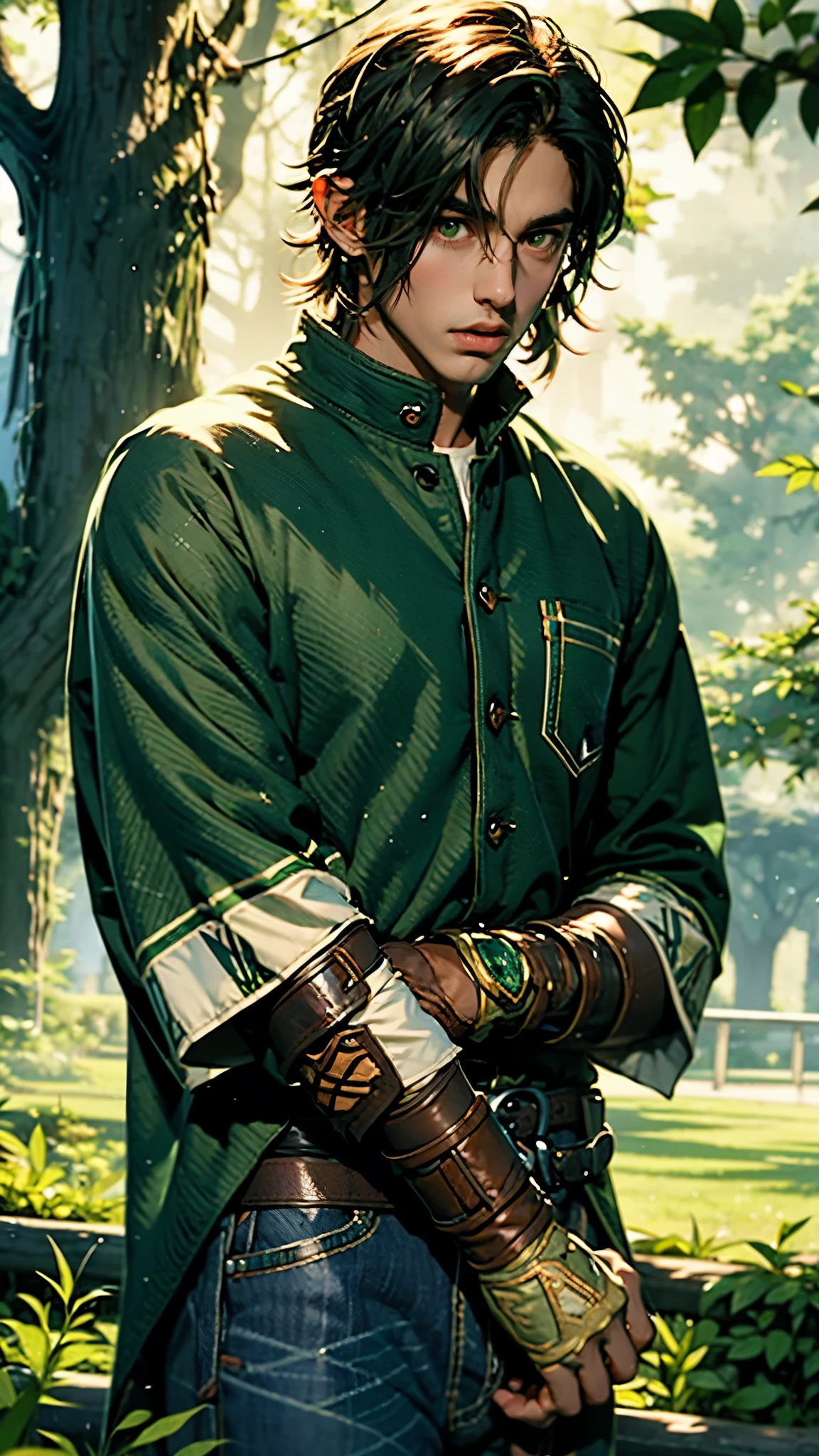 handsome black-haired ager with brown eyes in a green shirt in a park manhandsome black-haired teen with brown eyes in a green shirt in a park man