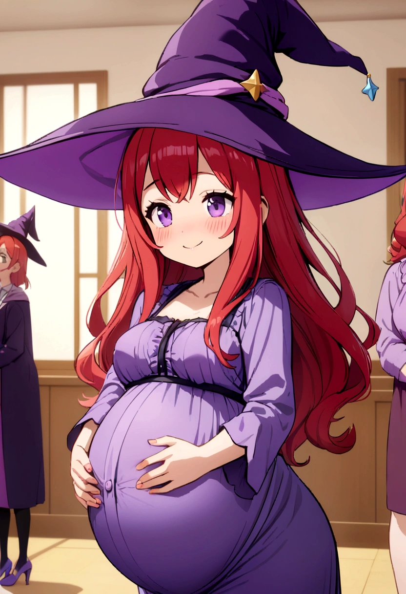 pregnant cute redhead girl, with long red hair, purple eyes, purple shirt, dark purple skirt, purple witch hat, purple heels, cute smile, blushing
