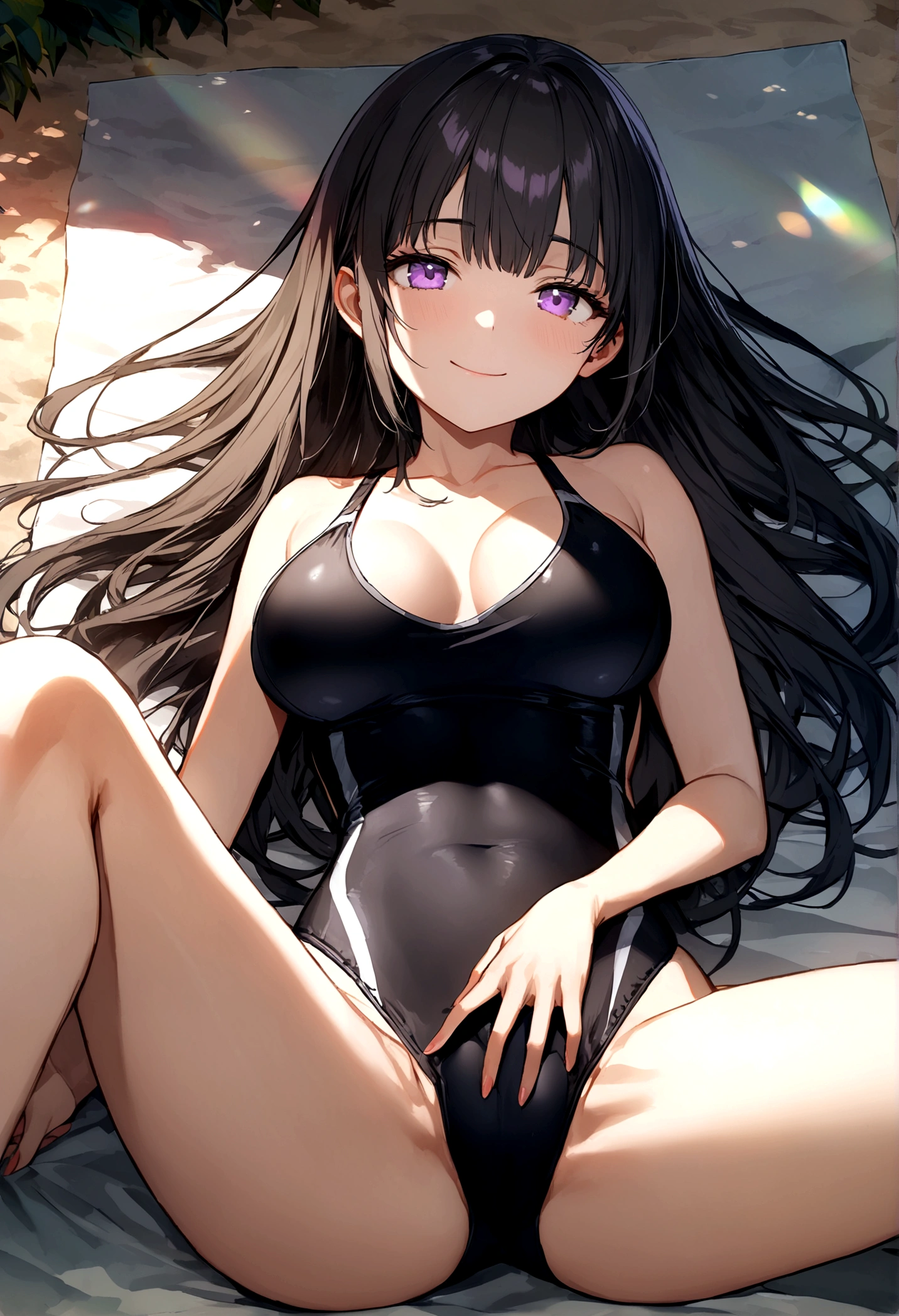 32k, best quality, ultra high res, HDR, UHD, extremely detailed CG, unity 32k wallpaper, very cute, , 1 person, Purple eyes, ((black competitive swimsuit)), Beach, black long hair, (large breasts), (Laugh, ((Lie down on a picnic sheet)), (((Spread your legs wide))), 