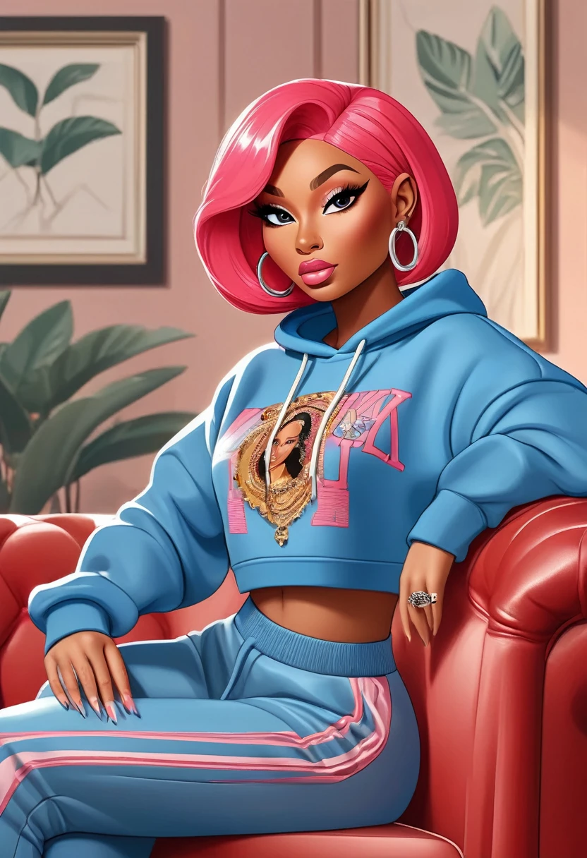 Singer Nicki Minaj body with curves fashionable short hair blue color outfit sweatshirt red color hip hop sport in luxury house sitting on sofa Painting vector art,cartoon with details.