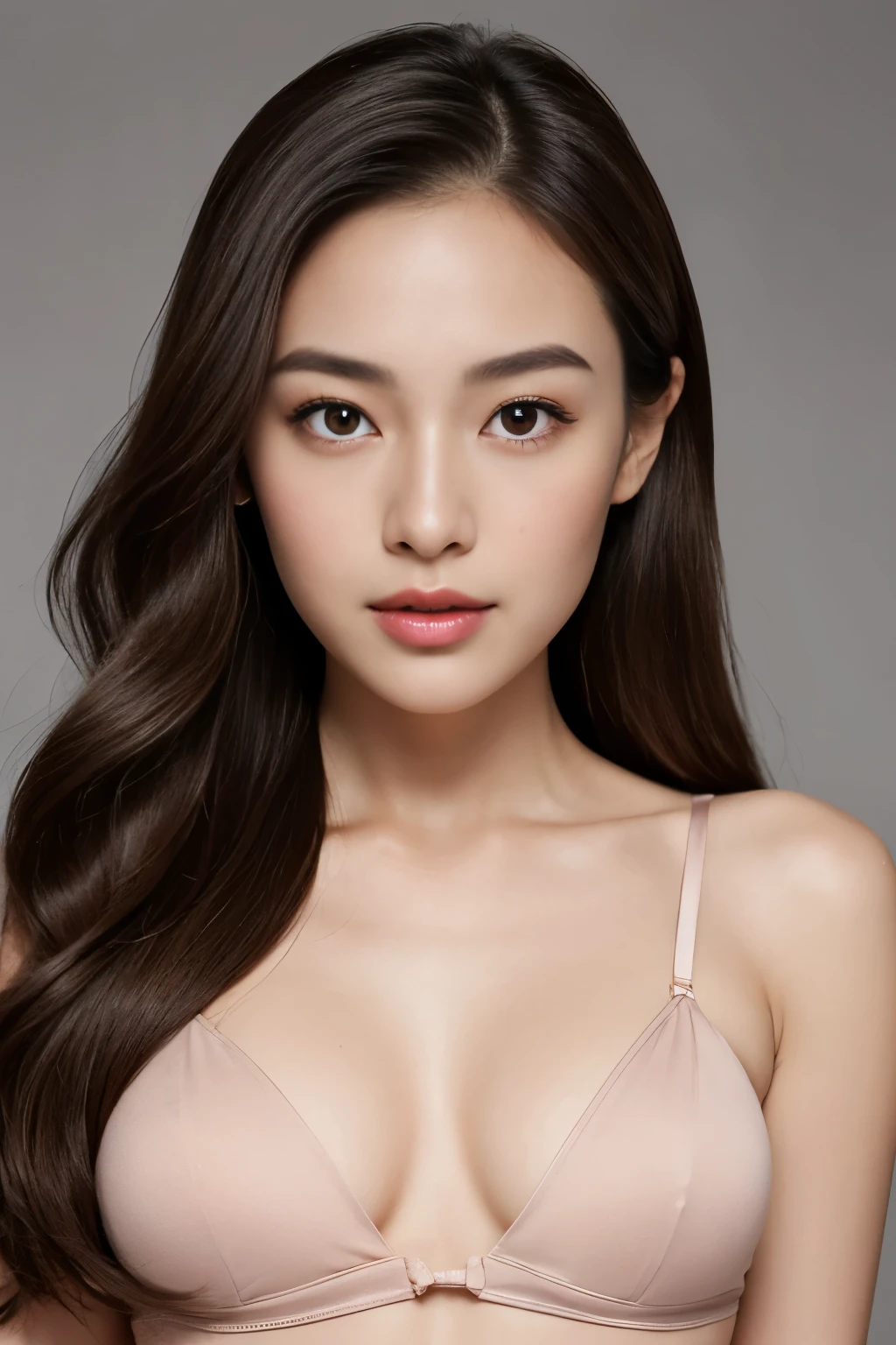 Create a (( mid-shot )) photorealistic image of a beautiful Asian woman with fair, smooth, flawless skin. She has large, round, sparkling eyes with naturally long and curled eyelashes, and well-defined, dark eyebrows. Her nose is straight and high, and her naturally pink, soft lips form a gentle smile. She has short, slightly curled brown hair that highlights her delicate facial features. Her face is oval-shaped, with a wide and high forehead, moderately high cheekbones, and a pointed, slender chin. She is wearing a black lingerie that complements her elegant and feminine appearance. (( waist to top))