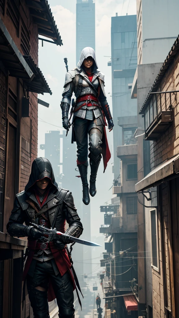 Two Cyberpunk Assassin's Creed Holding a sword, Climb on the rafters on the wall on the restaurant street on a modern street. Robots work everywhere. Modern weapons. Modern red suit. Electronic city. Modern weapons. White suit. Hold the blade.Metal robot arm.
Hold gun.