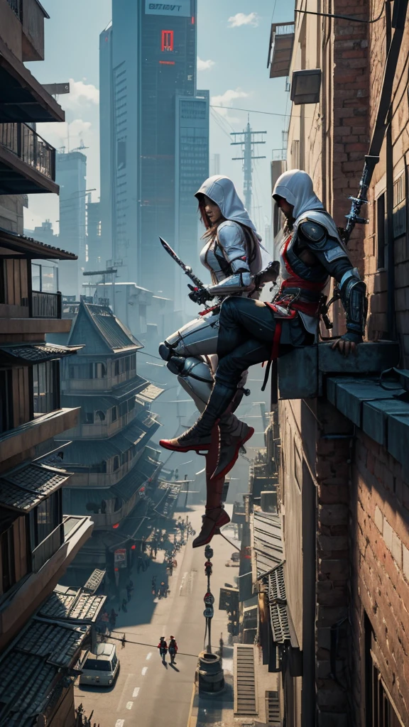 Two Cyberpunk Assassin's Creed Holding a sword, Climb on the rafters on the wall on the restaurant street on a modern street. Robots work everywhere. Modern weapons. Modern red suit. Electronic city. Modern weapons. White suit. Hold the blade.Metal robot arm.
Hold gun.