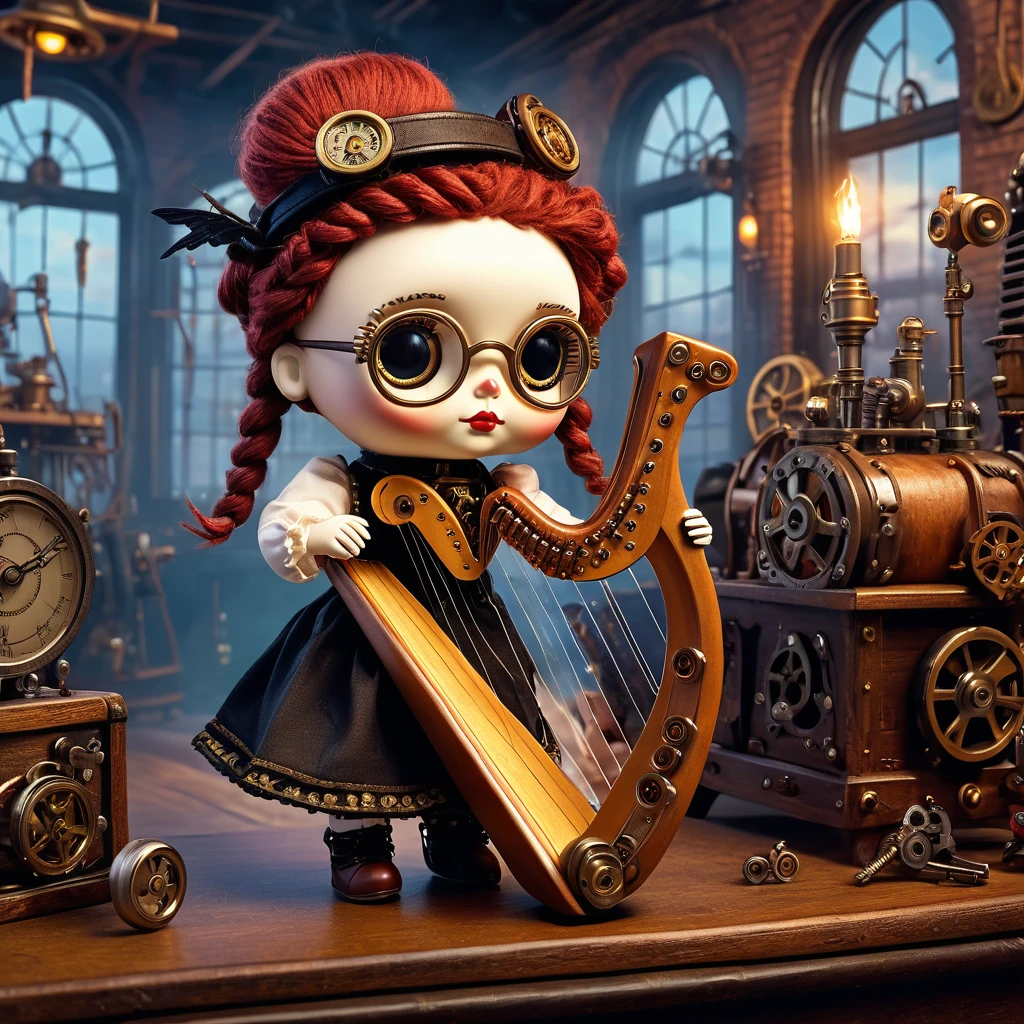 (voodoo doll playing knitted harp:1.2), (Voodoo Steampunk:1.3), (Clothes: leather corset, aviator glasses, Gears and mechanical parts:1.0), (in the background steam engines, airships and Victorian buildings: 1.2), Best Quality, Artwork, Detailed Soft Oil Painting, Detailed Background, Dramatic Cinematic Lighting, Soft Edge Lighting, Professional, Dramatic Lighting, Hard Edge Lighting, Ultra Quality, 4K, Artwork, Best Quality, 8K, ultra-high definition, high resolution, extremely detailed