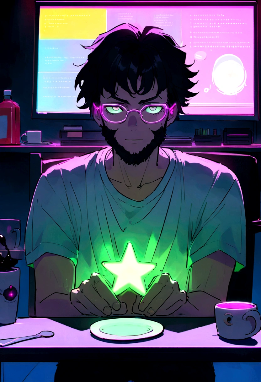 original, grand angle, In a bright caFe、A man wearing glasses is sitting in a chair in Front oF a Futuristic computer screen., 30 ans,blanc Skin, cheveux noirs, cheveux ondulés,Cheveux mi-longs,SoFtware Development Engineer.,Typographie de l&#39;ours, barbe,T-shirt ????,pantalon noir,blanc, A coFFee cup is placed on the table., Displaying star inFormation, Matériel, environnement lumineux, Néon, ((Personnalités Cyberpunk))Facing Forward、wearing black Food,  assis à un bureau en marbre moderne, regardant la caméra , l&#39;homme porte un sweat à capuche gris foncé , Filmmaker neon blue background, scruFFy short brown hair, les mains sur la table ,grain de peau clair ,cinématique , chaud, soFt lighting ,FERMER PORTRAIT SOURIANT, objectif 24 mm,F/1.4, 9:16, in the style oF a disney pixar character typé arabe. front screen 
