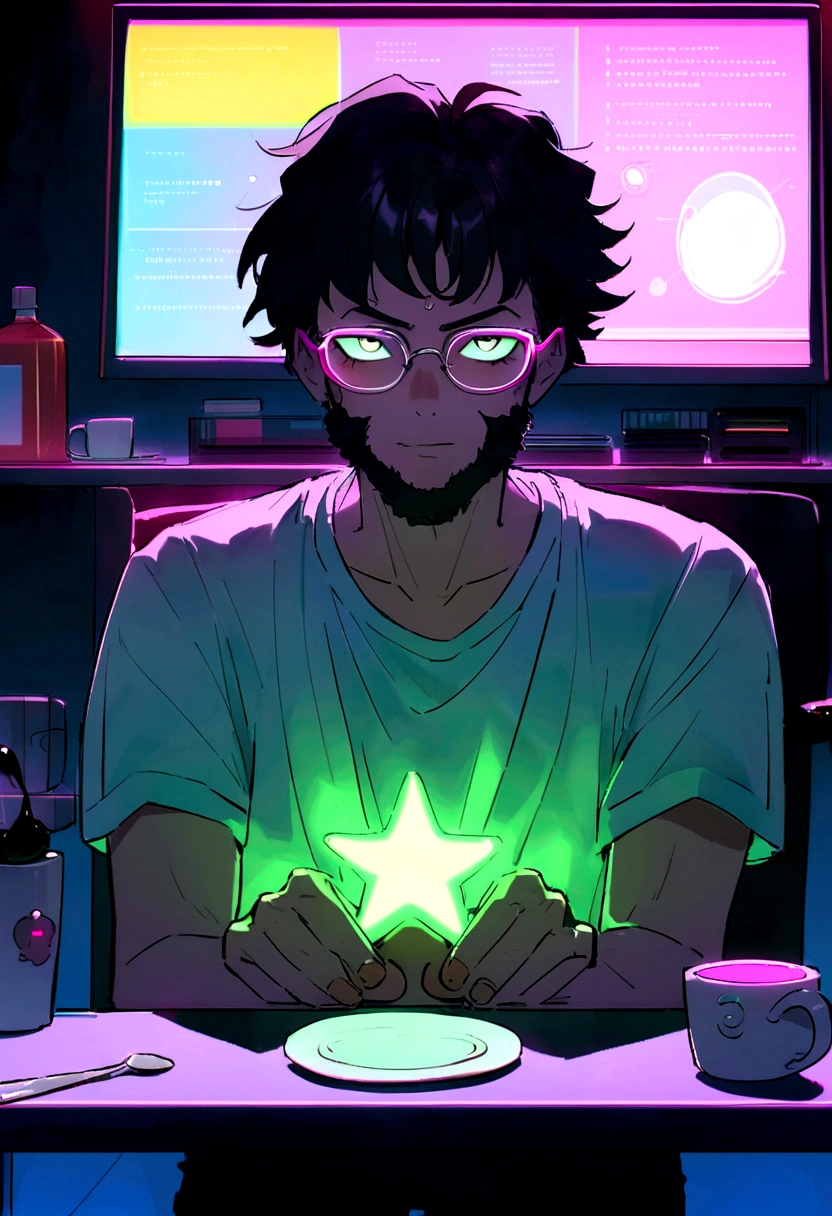 original, grand angle, In a bright caFe、A man wearing glasses is sitting in a chair in Front oF a Futuristic computer screen., 30 ans,blanc Skin, cheveux noirs, cheveux ondulés,Cheveux mi-longs,SoFtware Development Engineer.,Typographie de l'ours, barbe,T-shirt noir,pantalon noir,blanc, A coFFee cup is placed on the table., Displaying star inFormation, Matériel, environnement lumineux, Néon, ((Personnalités Cyberpunk))Facing Forward、wearing black Food, assis à un bureau en marbre moderne, regardant la caméra , l'homme porte un sweat à capuche gris foncé , Filmmaker neon blue background, scruFFy short brown hair, les mains sur la table ,grain de peau clair ,cinématique , chaud, soFt lighting ,FERMER PORTRAIT SOURIANT, objectif 24 mm,F/1.4, 9:16, in the style oF a disney pixar character typé arabe. front screen