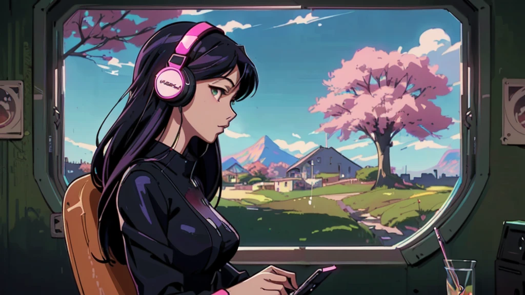 anime girl with headphones on looking out of a window, digital anime illustration, lofi artstyle, anime style 4 k, anime styled digital art, digital anime art, anime style. 8k, anime style artwork, detailed digital anime art, lofi girl, lofi art, artwork in the style of guweiz, background artwork, digital cyberpunk anime art