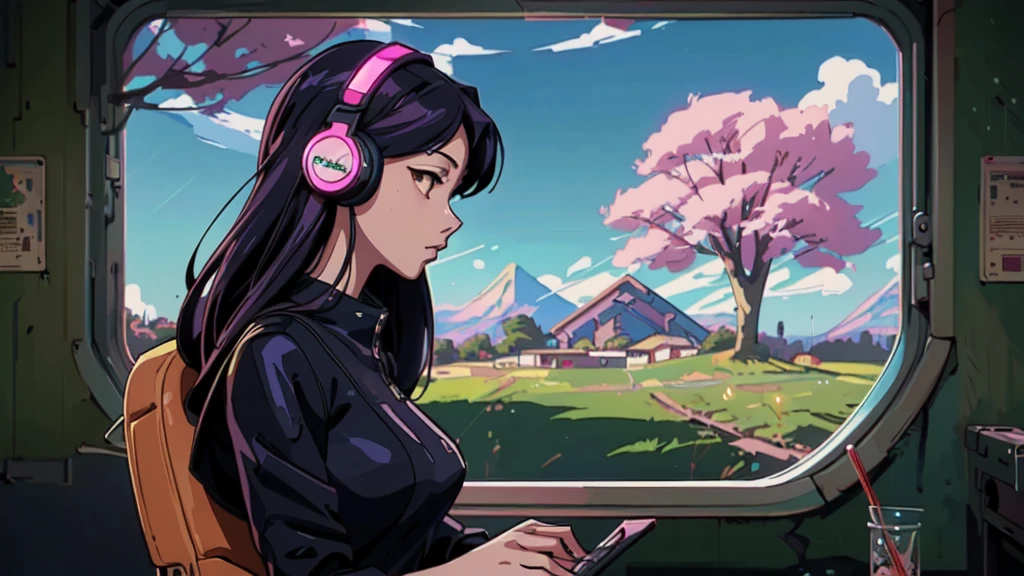 anime girl with headphones on looking out of a window, digital anime illustration, lofi artstyle, anime style 4 k, anime styled digital art, digital anime art, anime style. 8k, anime style artwork, detailed digital anime art, lofi girl, lofi art, artwork in the style of guweiz, background artwork, digital cyberpunk anime art