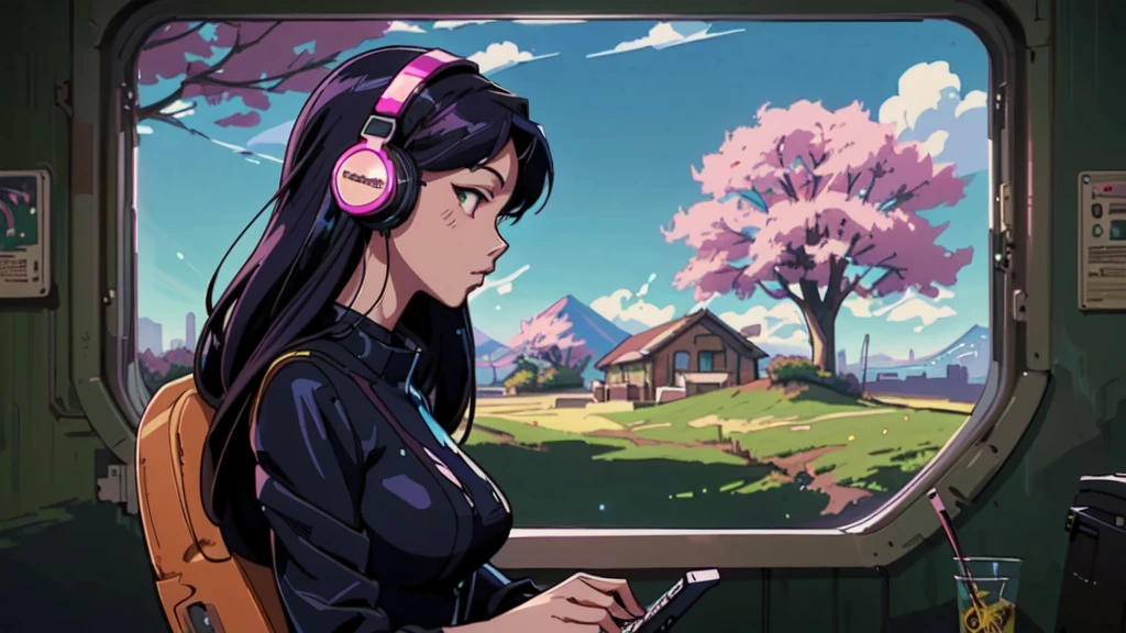 anime girl with headphones on looking out of a window, digital anime illustration, lofi artstyle, anime style 4 k, anime styled digital art, digital anime art, anime style. 8k, anime style artwork, detailed digital anime art, lofi girl, lofi art, artwork in the style of guweiz, background artwork, digital cyberpunk anime art