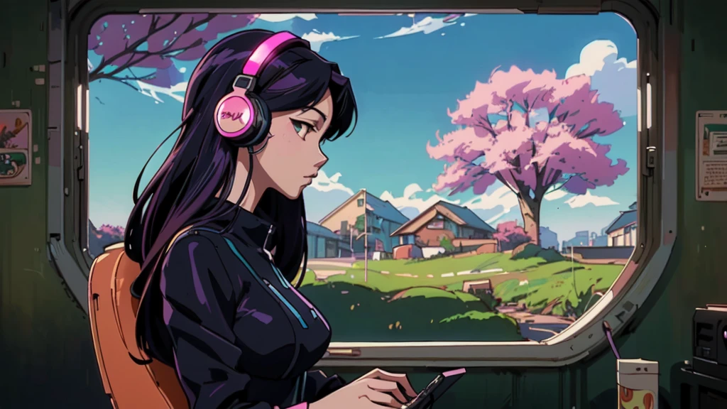 anime girl with headphones on looking out of a window, digital anime illustration, lofi artstyle, anime style 4 k, anime styled digital art, digital anime art, anime style. 8k, anime style artwork, detailed digital anime art, lofi girl, lofi art, artwork in the style of guweiz, background artwork, digital cyberpunk anime art