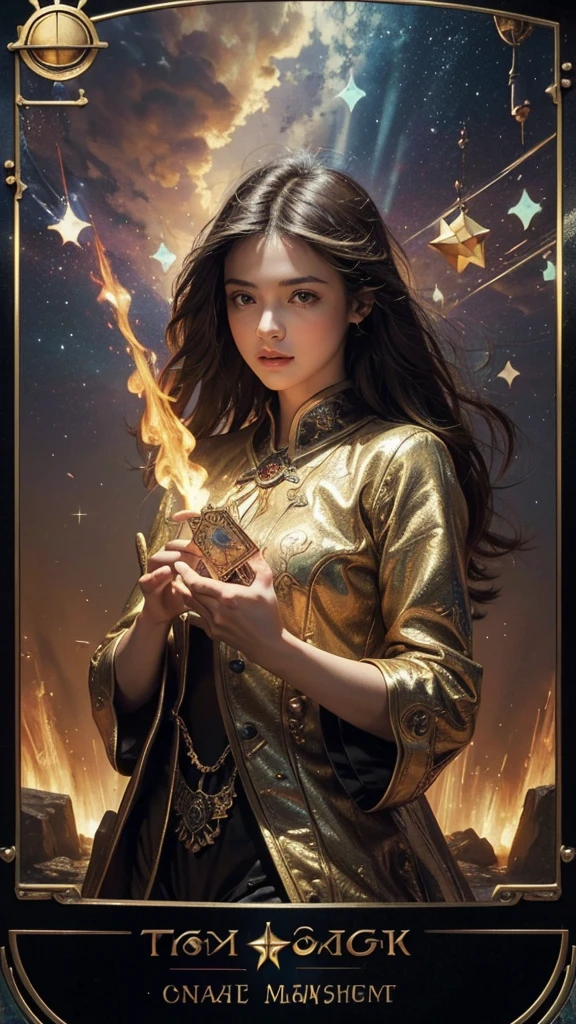 ((Best quality, 8 k, masterpiece: 1.3)), ((high dynamic range :1.4)), ultra detailed, very high color saturation, extremely detailed computer graphics, unity 8k wallpaper, (Very detailed), Super detailed, finely, A high resolution, Ultra detailed, ((tarot cards)), ((Major Arcana Star)), The Star Tarot Card Symbolizes Hope, vital energy and fortitude. The map reminds, that you already have everything, what is needed for self-realization. Only, what is missing, - this is courage. It's time to trust the Universe. rest assured: she prepared a gift for you. If you get the Star Tarot card, Means, the time has come to evaluate the path traveled, comprehend everything, what happened to you. probably, you received many challenges and successfully dealt with them. You managed to get through the difficulties, without losing hope. During the dark period, you were not aware of your own strength, but now you feel, that the loss helped you gain resilience and inner core.