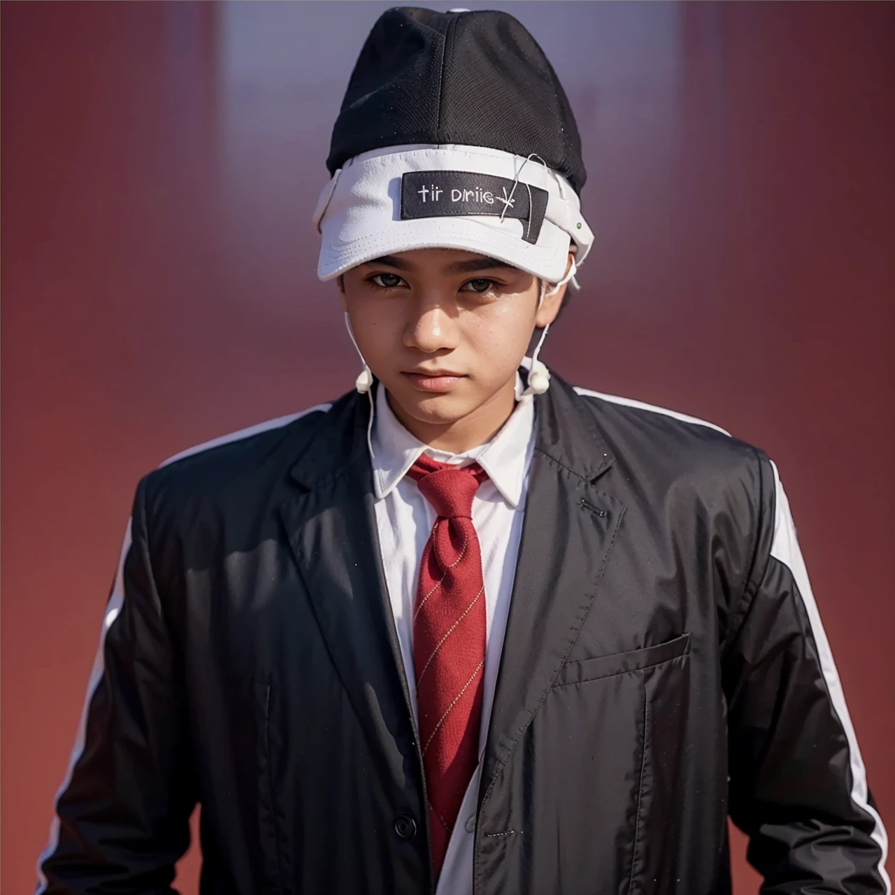 A boy wearing white jacket and wearing a hats that wrote "PILKADA"