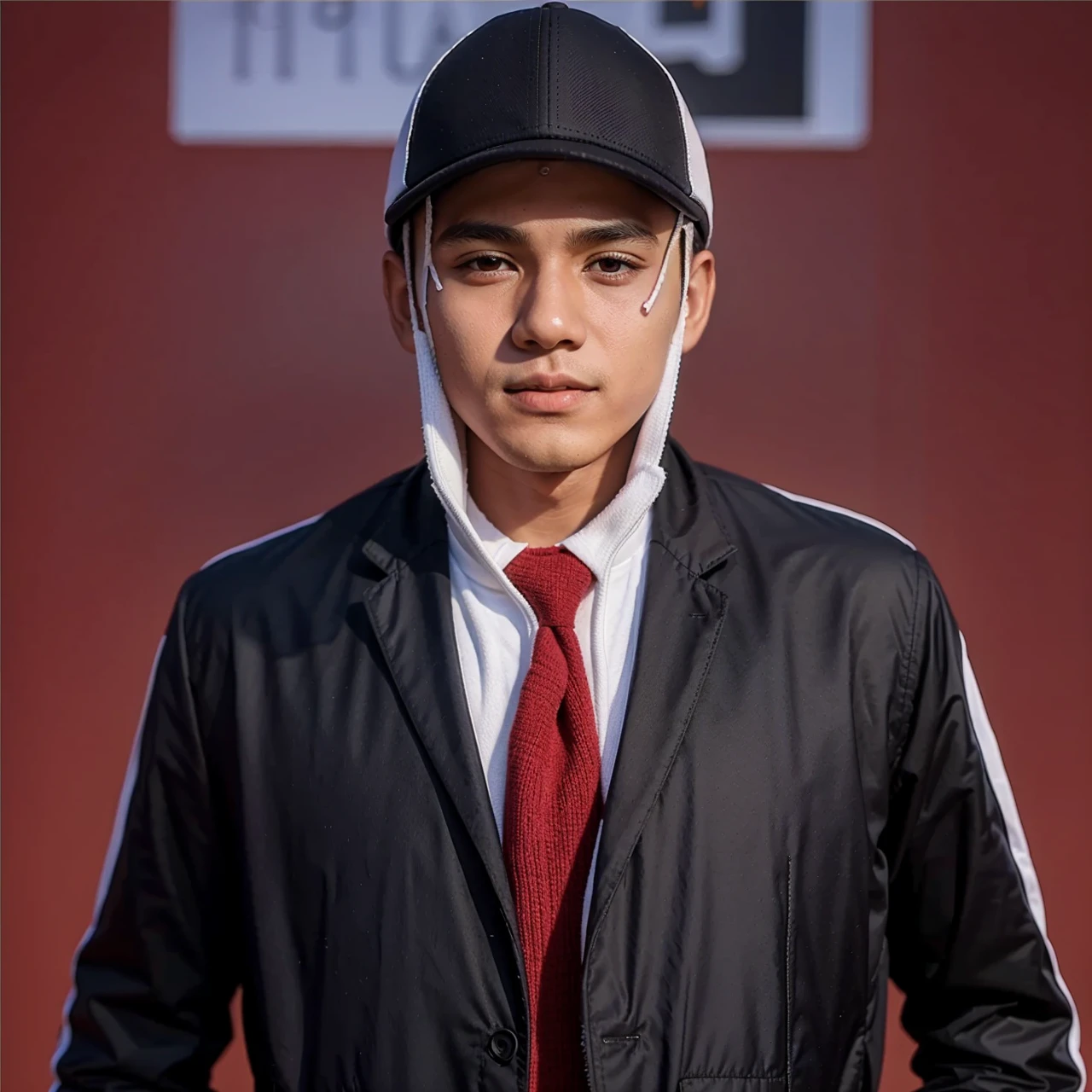 A boy wearing white jacket and wearing a hats that wrote "PILKADA"