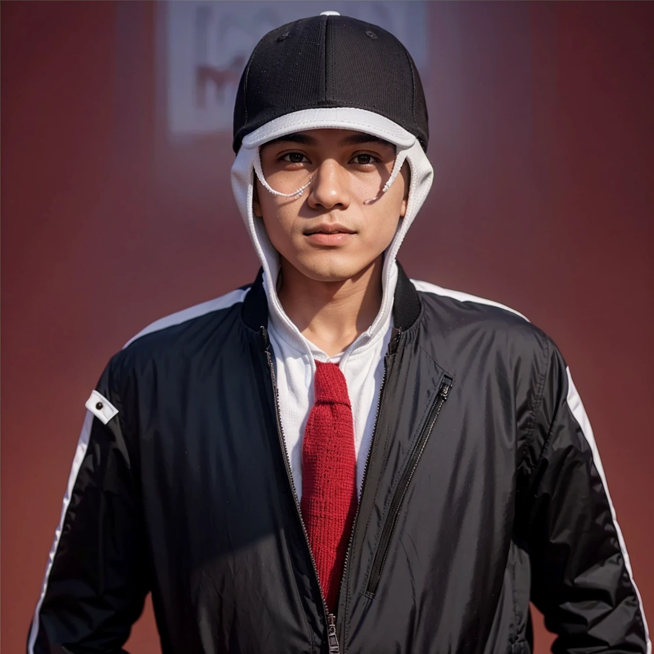 A boy wearing white jacket and wearing a hats that wrote "PILKADA"