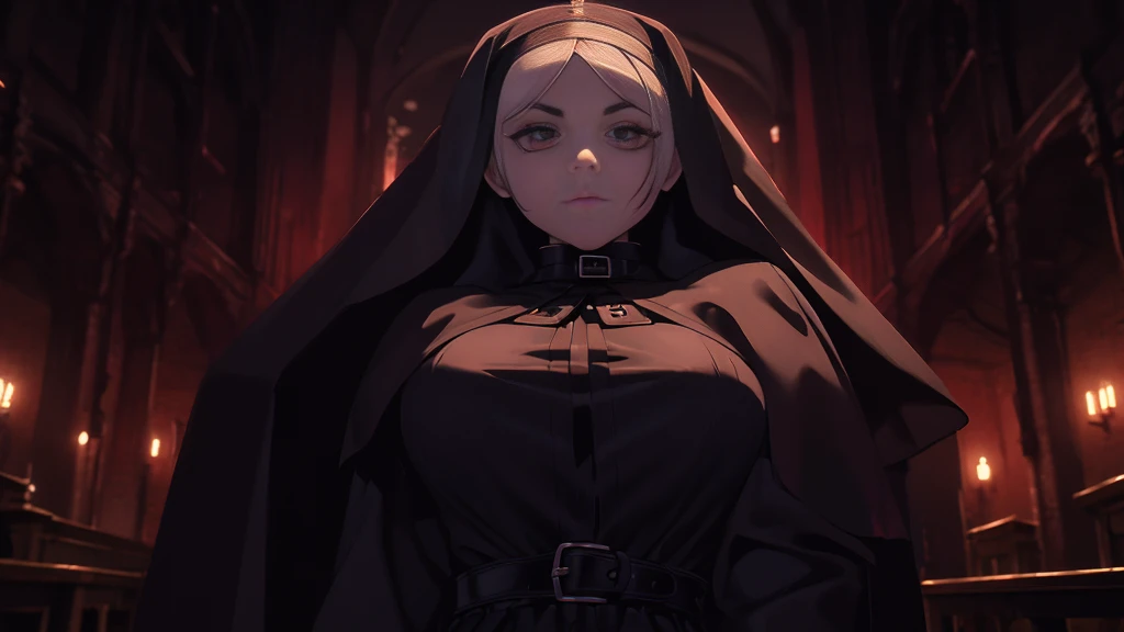 raw, analog) (gothic nun huge breast), set in the 1990's, surreal make up, leather clothes inside a gothic church at night, neon lights, very dark, horror, red shades, chaos, sinister, high details, ultra realistic, SonyA7III, cinematic lighting, film, grain, UHD faces, volumetric shadow, insanely detailed,  