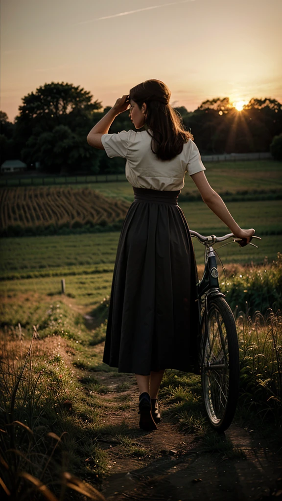 Field at sunset, vintage romance and a bicycle on the ground