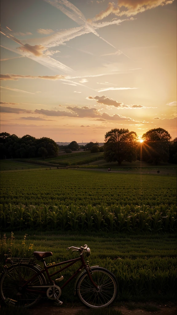 Field at sunset, vintage romance and a bicycle on the ground