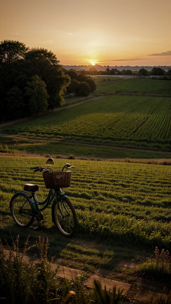 Field at sunset, vintage romance and a bicycle on the ground 
