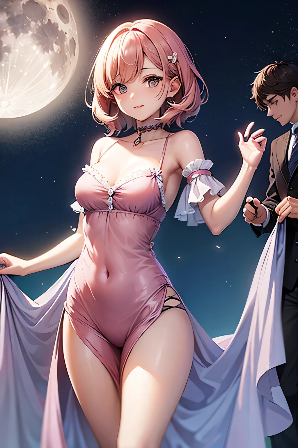 Woman wearing nightgown,20th Generation,(The chest is emphasized:1.0),Dancing in the background of the moonlit night