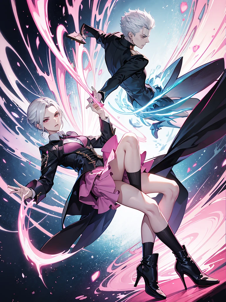 Vergil from devil may cry Wearing a pink skirt with high heels With a dissatisfied face
