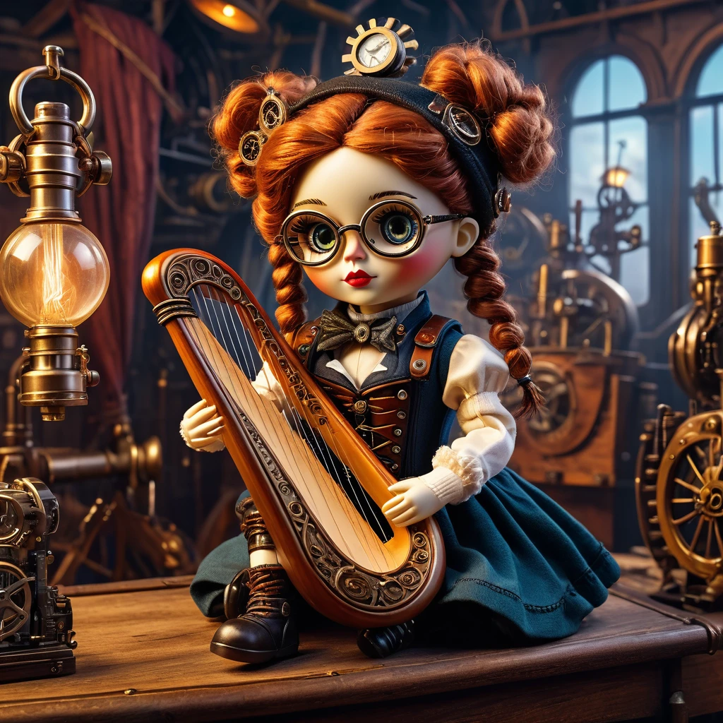 (voodoo doll playing knitted harp:1.2), (Voodoo Steampunk:1.3), (Clothes: leather corset, aviator glasses, Gears and mechanical parts:1.0), (in the background steam engines, airships and Victorian buildings: 1.2), Best Quality, Artwork, Detailed Soft Oil Painting, Detailed Background, Dramatic Cinematic Lighting, Soft Edge Lighting, Professional, Dramatic Lighting, Hard Edge Lighting, Ultra Quality, 4K, Artwork, Best Quality, 8K, ultra-high definition, high resolution, extremely detailed