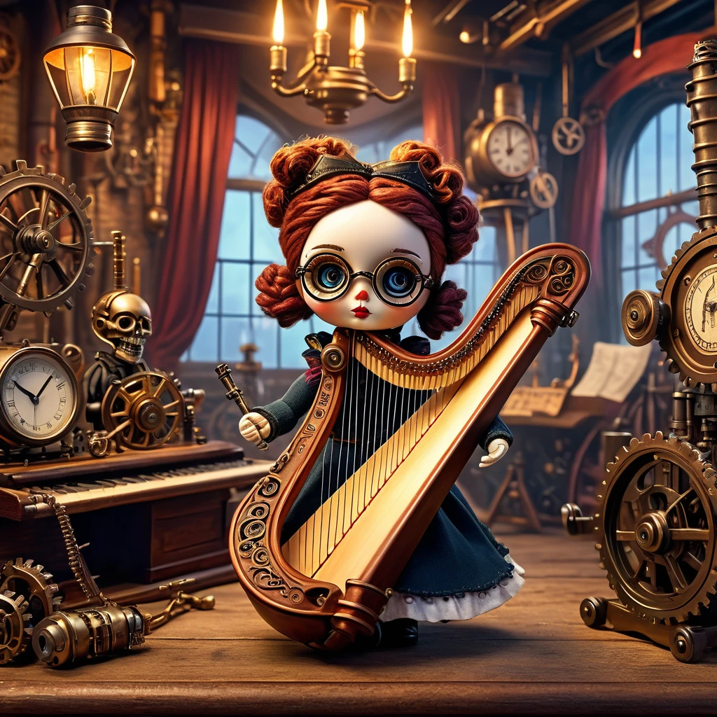 (voodoo doll playing knitted harp:1.2), (Voodoo Steampunk:1.3), (Clothes: leather corset, aviator glasses, Gears and mechanical parts:1.0), (in the background steam engines, airships and Victorian buildings: 1.2), Best Quality, Artwork, Detailed Soft Oil Painting, Detailed Background, Dramatic Cinematic Lighting, Soft Edge Lighting, Professional, Dramatic Lighting, Hard Edge Lighting, Ultra Quality, 4K, Artwork, Best Quality, 8K, ultra-high definition, high resolution, extremely detailed