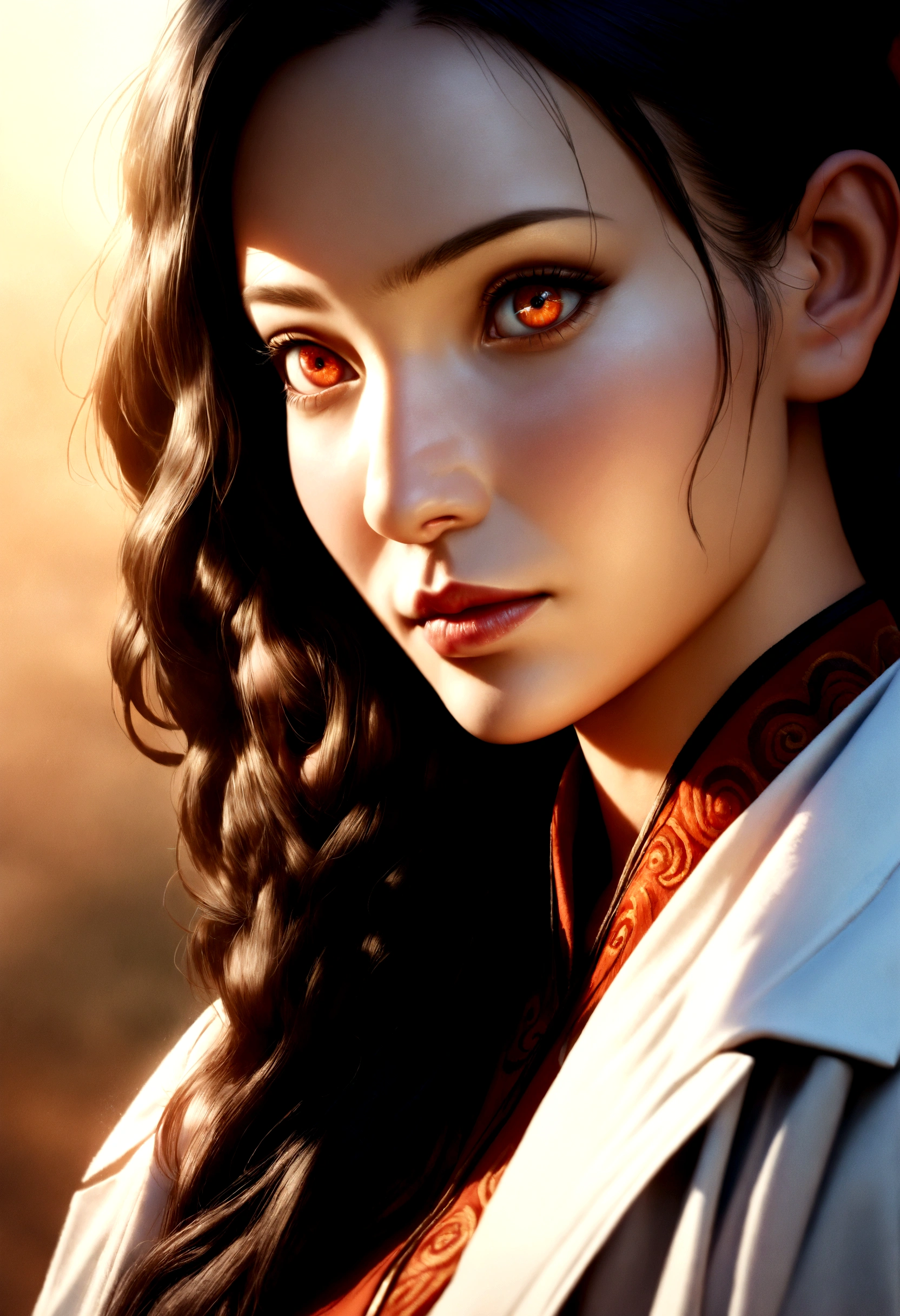 a beautiful Mongolian woman with long black hair, wearing a white lab coat, detailed face, detailed eyes, detailed nose, detailed lips, beautiful portrait, photorealistic, hyperrealistic, 8k, masterpiece, highly detailed, realistic skin, detailed clothing, environmental lighting, cinematic lighting, dramatic lighting, warm color tones, vibrant colors, natural setting