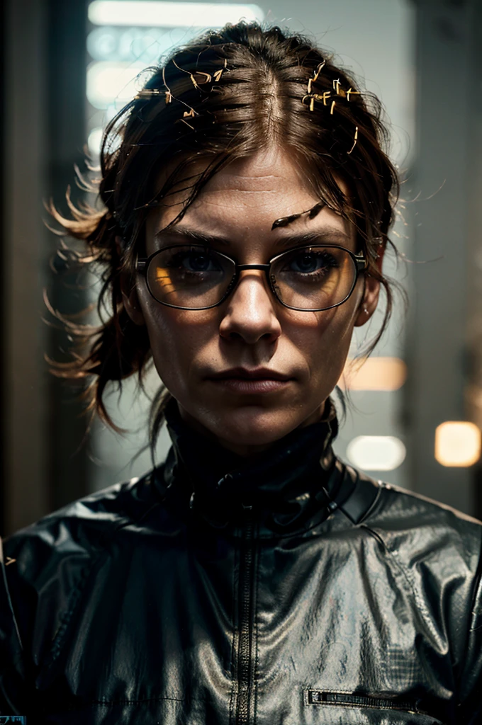 (Cyberpunk Military Strategist:1) (1 female) Dark theme :: Focus on facial close-ups, Curious face, Katee Sackhoff face, Surreal future cyberpunk tall athletic woman, :: Medium brown hair, Futuristic glasses nerd :: Inside the cyberpunk office :: Brown eyes :: Natural Lighting :: Bokeh :: 8K :: best quality :: masterpiece :: Extremely detailed:1.5