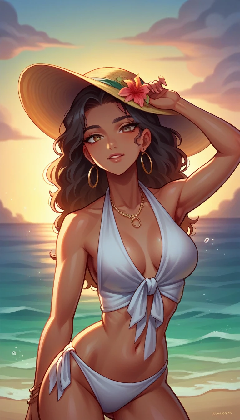 Uma is a beautiful woman , 1,65 tall , slim , 60 kg , olhos amendoados , nariz etinia aficana , latina , brazilian woman style, long blondie hair , Full mouth , sultry gaze , coming out of the sea , on a Caribbean beach , On a beautiful summer day