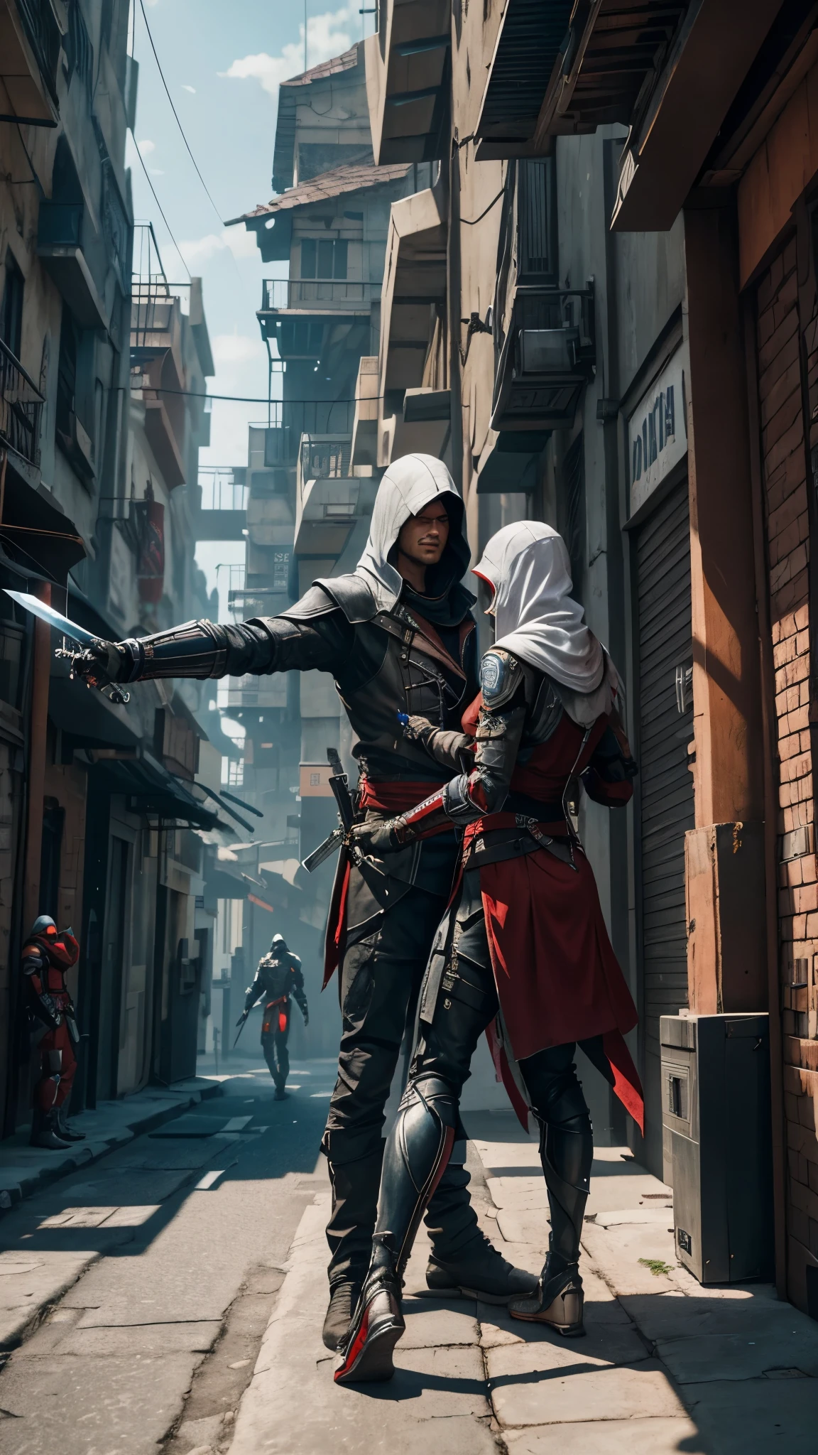 Two Cyberpunk Assassin's Creed Holding a sword, Climb on the rafters on the wall on the restaurant street on a modern street. Robots work everywhere. Modern weapons. Modern red suit. Electronic city. Modern weapons. White suit. Hold the blade.Metal robot arm.
Hold gun.
