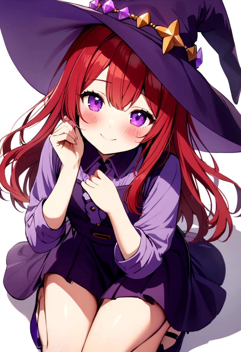 cute redhead girl, with long red hair, purple eyes, purple shirt, dark purple skirt, purple witch hat, purple heels, cute smile, blushing