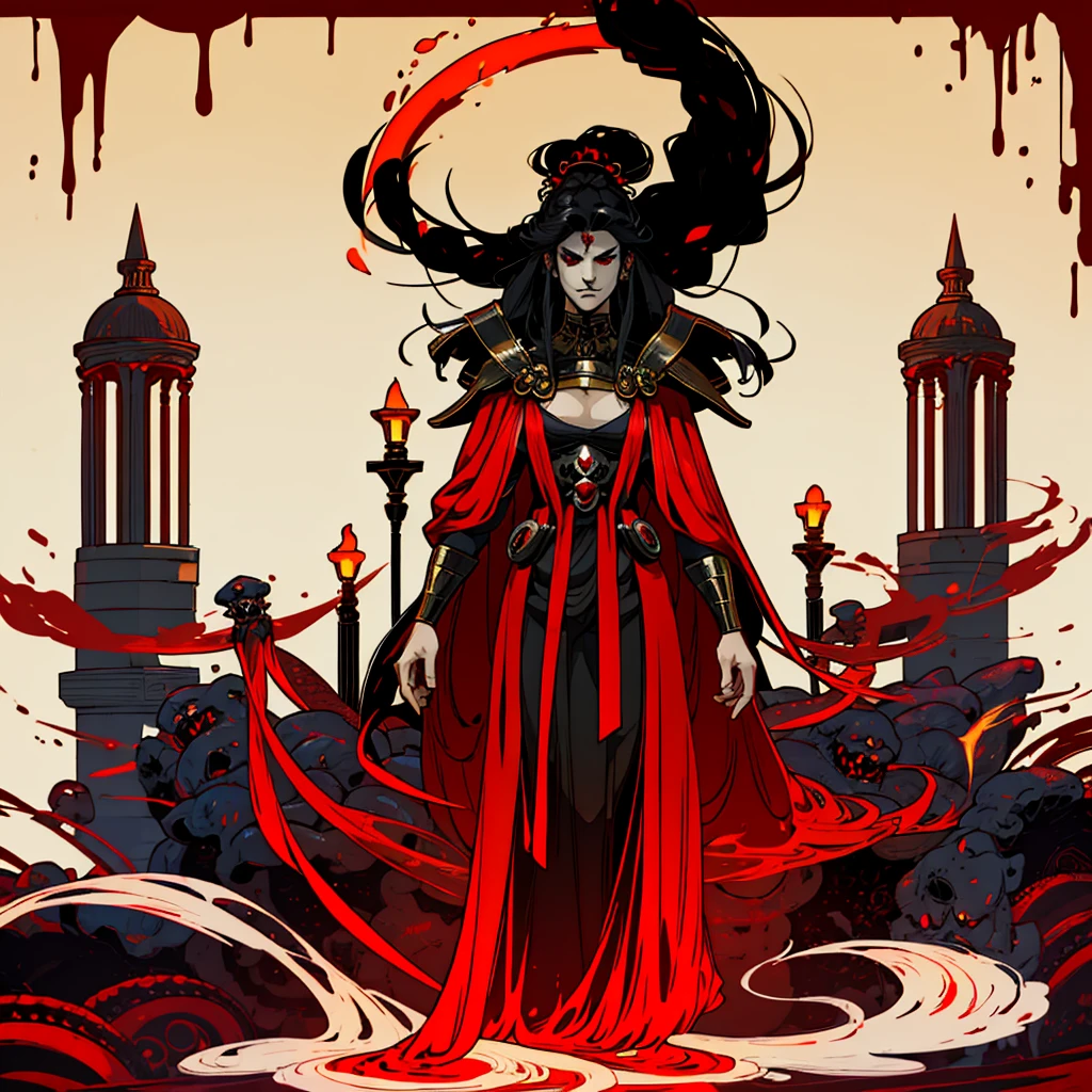 1girl, alone, 25 years old, grand, tall, black hair, red eyes, insister sur les reflets des yeux rouges, (high quality:2), cheveux noirs, long hair, boss, black outfit, black clothes, black pants, masculine clothes, masculine outfit, frowning, hades style, hades game, Jen zee style, greek themed image, greek background, thanatos, tartarus scenery, red fumes, black clouds, greek columns in background, lots of columns, greek architecture, white themed image, white furniture, red touches of color, orange walls, looking at viewer, holding the stygian blade hades game wiki, hades, game, wiki, obols, stygius, Eris inspiration, Alecto, Charon, Hecate, Hades character, Meg, Megara, Megaera, Moros, Nemesis, armor, Nemesis armor, Tisiphone, character centered, clear eyes