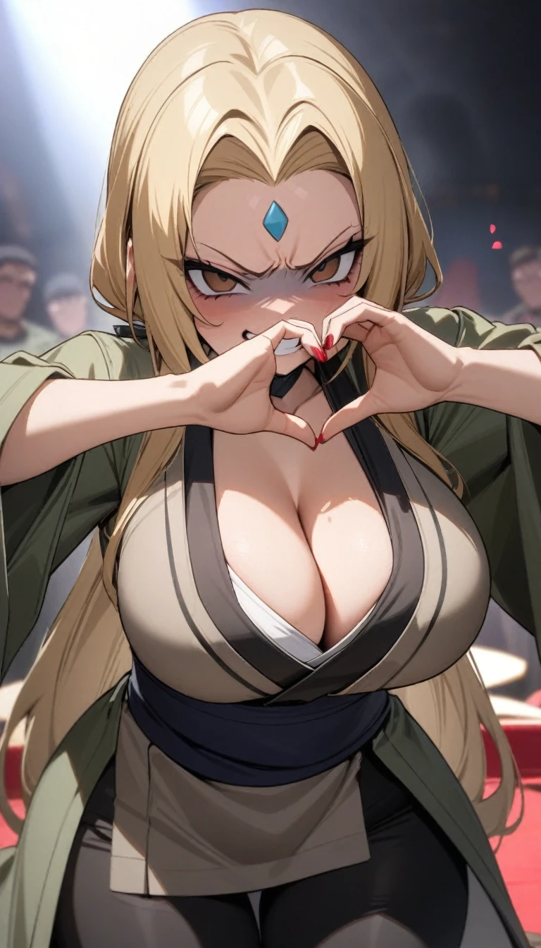 masterpiece, best quality, very aesthetic, absurdres, newest,1girl,upper body, (contempt, disgust,shaded face,looking at viewer,frown),heart-shaped gesture,,tsunade_(naruto), 1girl,black_pants, blonde_hair, breasts, brown_eyes, cleavage, coat, forehead_jewel, green_coat, grey_shirt, grin, large_breasts, long_hair,nail_polish, ninja, pants, red_nails, shirt,on stage