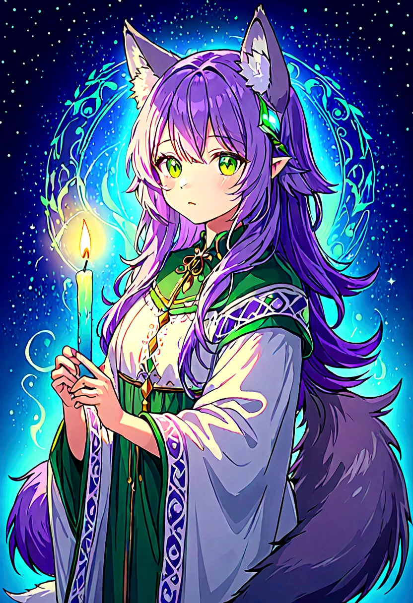 Wolf girl with ears, wolf tail with purple hair, holding a glowing candle, with blue background mixed with green and purple