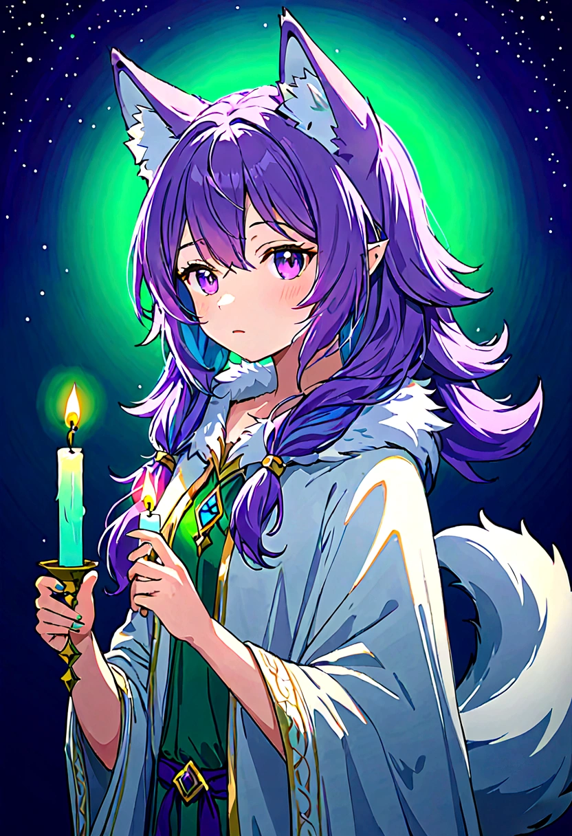 Wolf girl with ears, wolf tail with purple hair, holding a glowing candle, with blue background mixed with green and purple