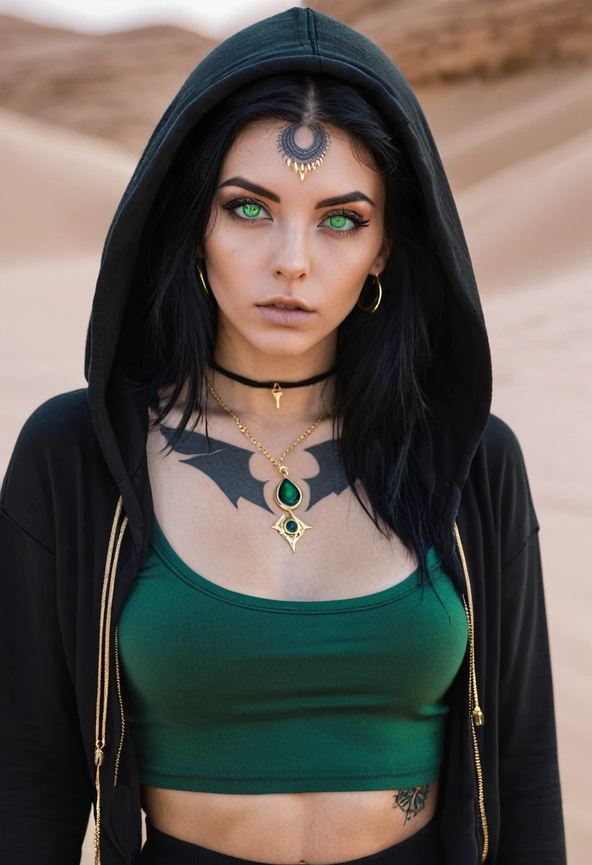 witch of the desert, Black hoodie, green eyes, black hair, black outfit, eye tattoo under collarbone, gold jewelry, In Polnyts Growth