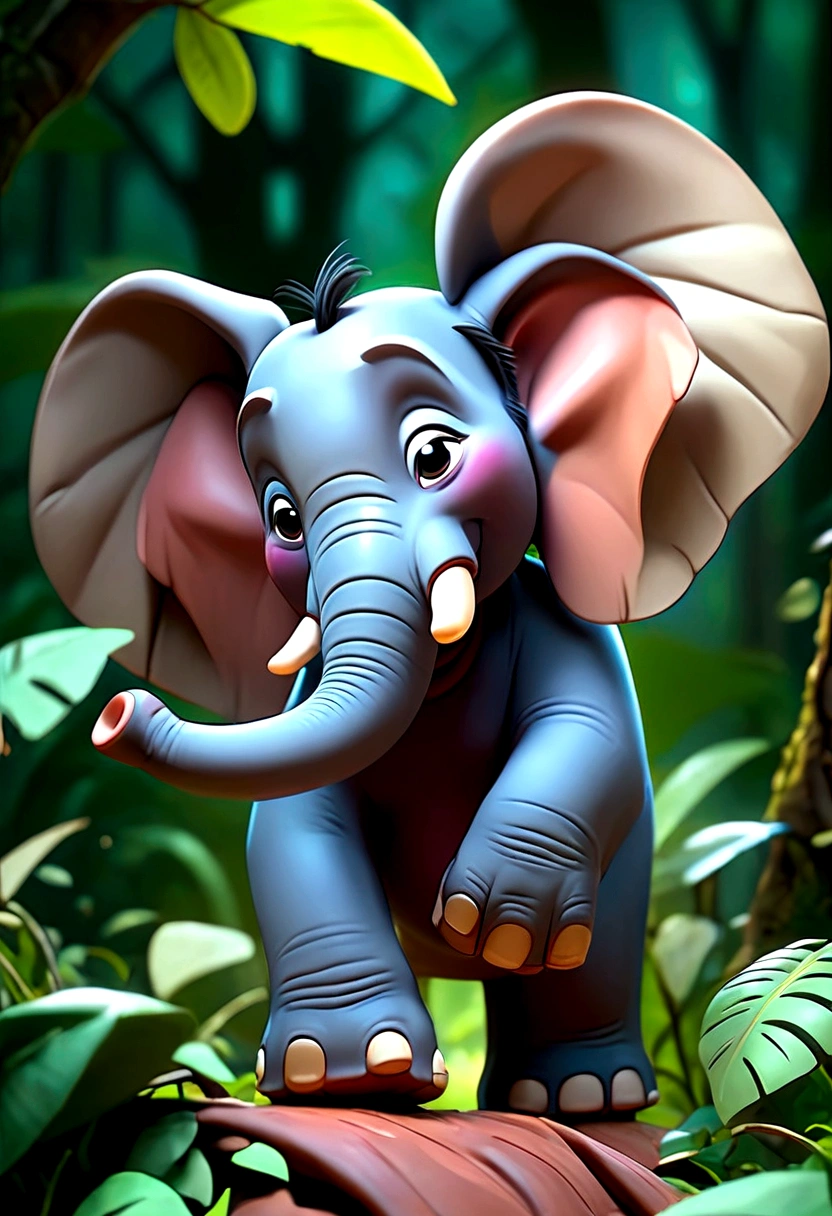 Create an 8K 3D image in the Disney/Pixar style of a strong elephant using its trunk to knock down trees in a lush green forest."