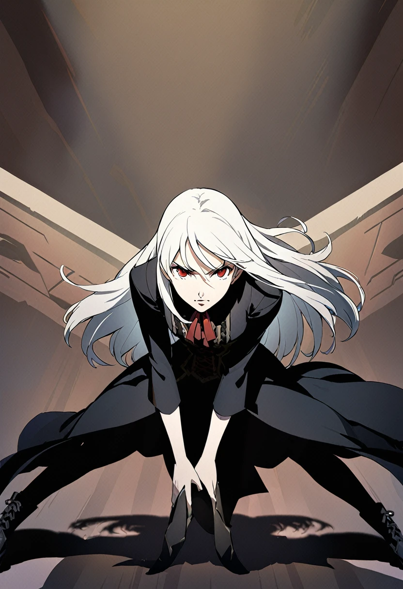 Girl, 20 years old, with long white hair down to below her waist, a serious yet tender expression, and red eyes. Her hair features black streaks. She wears antique-style clothing, a long black dress with a slit on the legs, and high black boots that almost reach her knees. Her power and background are related to shadows and darkness. dark escense, figth stance