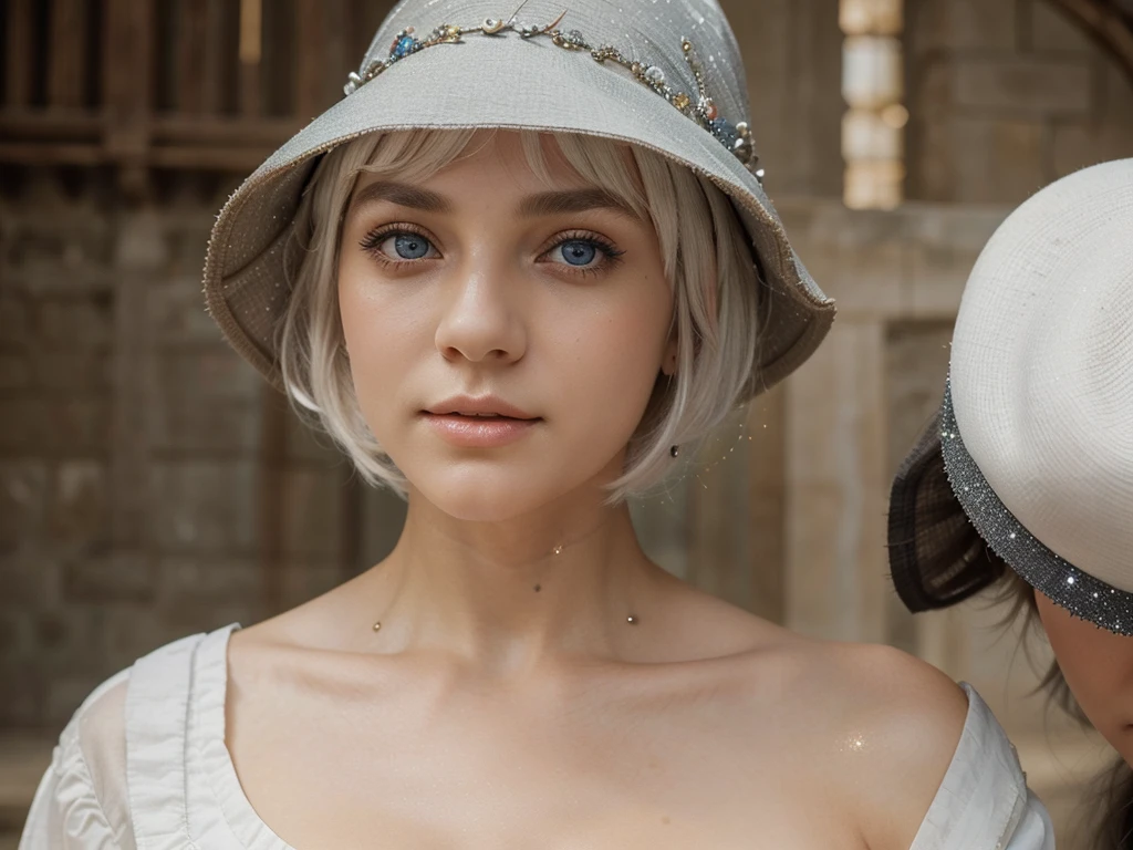 (Masterpiece), (work of art), (Amazing work), (Detailed eyes), (Sensitive skin), (different eyes), (Assorted colors), (Short white hair with bangs), (sparkling eyes), (1 girl) With a witch's hat., ancient, old, Wear elegant medieval clothing., Poke stopper, Masterpiece, best quality, best designer, best illustrations