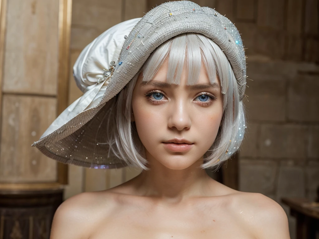 (Masterpiece), (work of art), (Amazing work), (Detailed eyes), (Sensitive skin), (different eyes), (Assorted colors), (Short white hair with bangs), (sparkling eyes), (1 girl) With a witch's hat., ancient, old, Wear elegant medieval clothing., Poke stopper, Masterpiece, best quality, best designer, best illustrations