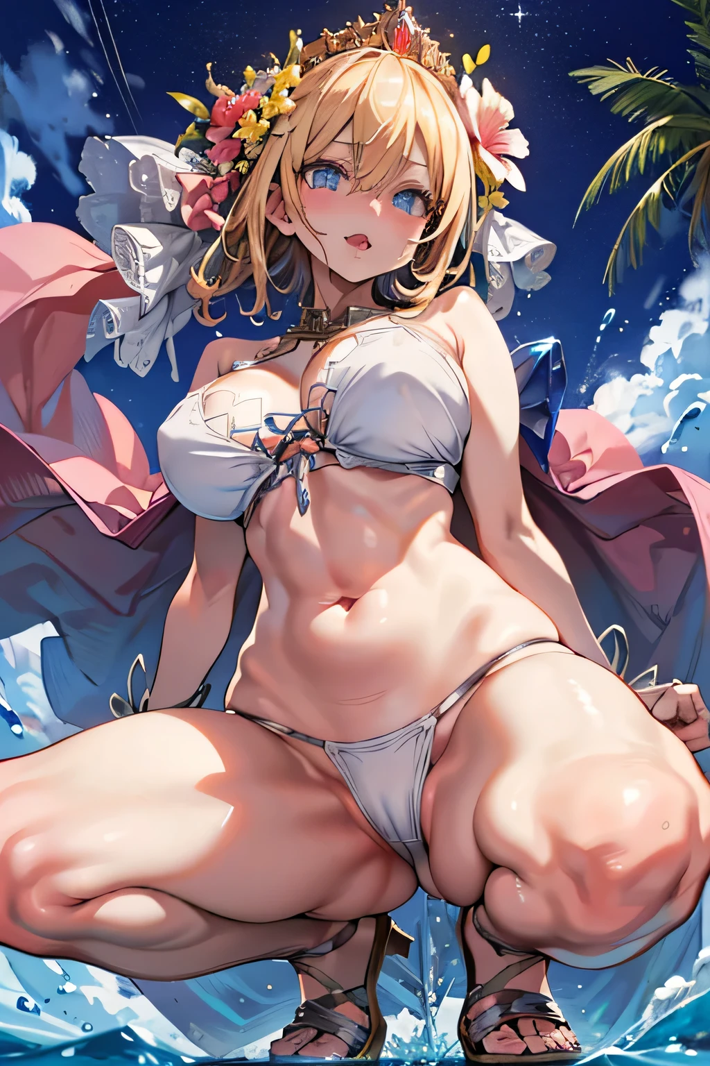 ((highest quality)), ((masterpiece)),(detailed),High resolution,Sharp focus,Perfect Face,{best illustration},(complete anatomy),
(Very detailed CG unity 8k wallpaper),(((Vibrant colors))),Official Art,granblue fantasy,
((Detailed body)),(Detailed face)), cute,Lewd,erotic,Bold,Camel Toe,
very shiny 肌,Shiny body,plastic glitter 肌,exaggerated shiny 肌,illuminated skin,
Big Breasts,glamorous,Tight waist,Long legs,curve,Cleavage,erotic,Bold,Revealing clothing,show 肌,
(Realistic eyes, Natural skin texture, Realistic facial details),europe,, bionde,blue eyes,Beauty,
Tiara with flowers and veil,White bikini swimsuit with long blue ribbon,Wearing a pink shawl,Gold Jewelry,
Drooping water droplets, wet skin,
dynamic angle, dynamic pose,Shy laugh,Open your mouth,((squat:1.2)),((From below:1.5)),((Wedge Shape:1.2)),
((Huge hips:1.3)),Hip Focus,whole body,
Cumulonimbus,Surrounded by water, reflection,Breathtakingly beautiful clouds,Light,Dazzling Light,Cinematic Light.The wind is blowing,Vast ocean,White sand beach,Coconut Tree,
