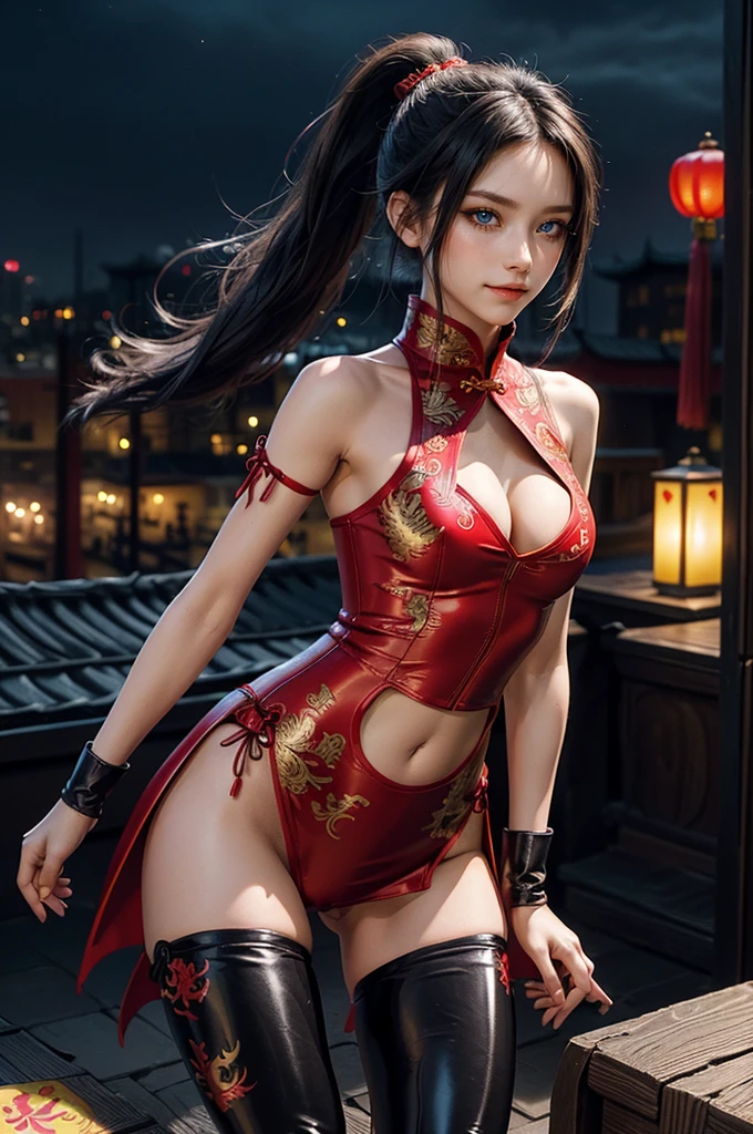 (RAW photo, best quality), Cute girl with short black hair, (ponytail), (city roof at night background), low light , dark eyeliner, innocent smile, gorgeous face , super cute, 18 years old , young looking, hyper detailed face, dark eyeliner, (medium breast), (thin waist, super slender), (bare shoulders, (exposed hips), skintight and red PVC qipao china dress with yellow dragon decoration and vivid patterns, deep black leather thigh high boots, red PVC arm sleeves with yellow flower decorations and vivid patterns, cleavage, ((both hands on waist)), one leg in front of the other, (((small navel tease)))