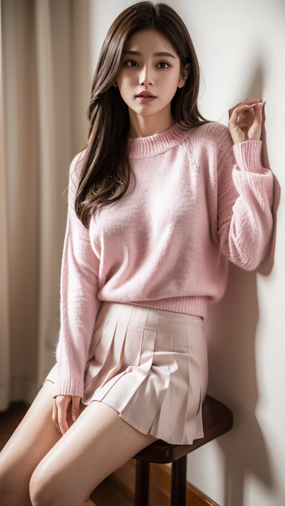 Pink knitted sweater with no cuffs at all，The pleated skirt can probably just hold 1/2 thighs covered