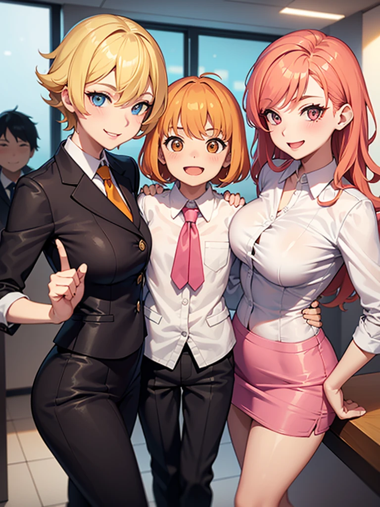 two y bubbly and cheerful women in office outfits holding 4 yy with blonde hair between them, women have short, vibrant orange hair with highlights of pink, flirtatious smile, looking at camera