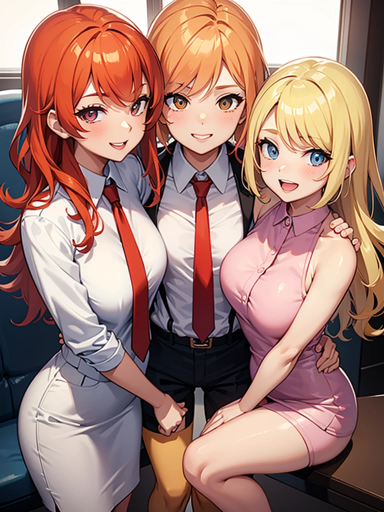 two sexy bubbly and cheerful women in office outfits holding 4  boy with blonde hair between them, women have short, vibrant orange hair with highlights of pink, flirtatious smile, looking at camera