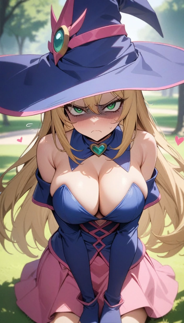 masterpiece, best quality, very aesthetic, absurdres, newest,1girl,upper body, (contempt, disgust,shaded face,looking at viewer,frown),heart-shaped gesture,,dark_magician_girl, yu-gi-oh!, 1girl, bare_shoulders, blonde_hair, blue_dress, blue_footwear, blue_hat, boots, breasts, capelet, cleavage, dress, green_eyes, hat, large_breasts, long_hair, off_shoulder, pink_capelet, pink_skirt,skirt,witch_hat,in park