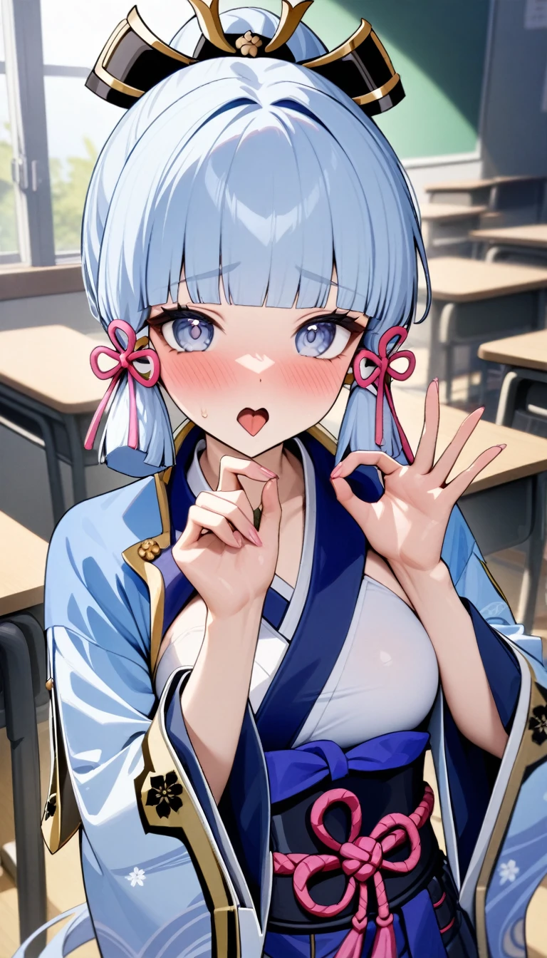 masterpiece, best quality, very aesthetic, absurdres, newest,1girl,upper body,,open_mouth,fellatio_gesture,FellatioGesture,heart-shaped eyes,,Kamisato Ayaka,Kamisato Ayaka(genshin impact), light blue hair, blunt bangs, a small gold ornament, grey eyes, pony tail , medium breasts, blue Japanese clothes, obi, white socks,in classroom